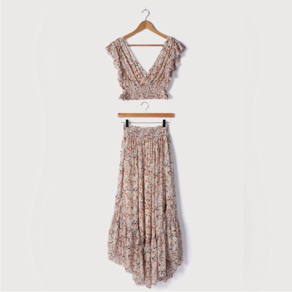 Free People Pretty Daze Ivory Floral Print Two-Piece Dress Crop Top /Skirt Set - Picture 9 of 11